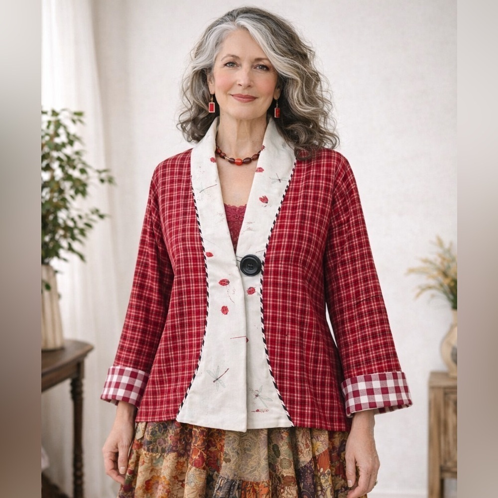 Robin Lennon Womens Art To Wear Jacket Sz Large Red Plaid Ladybugs Dragonflies